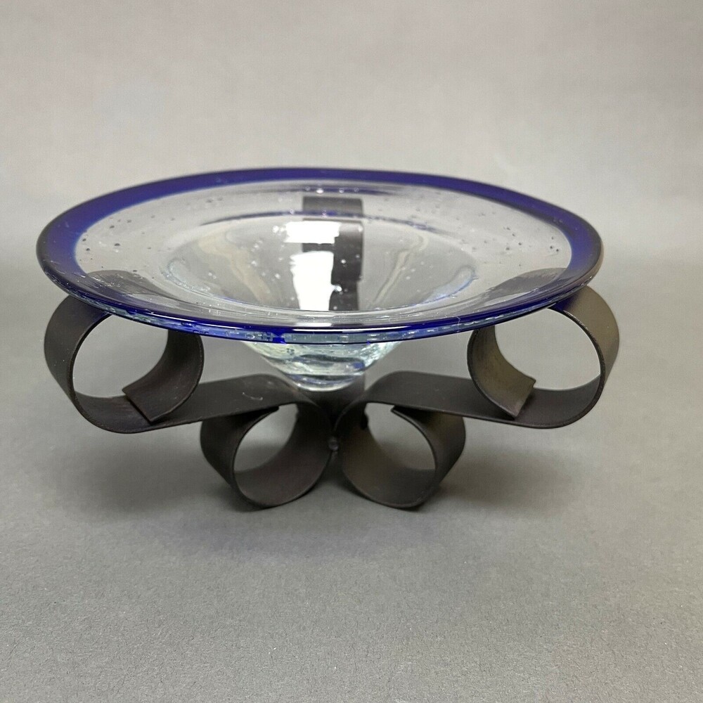 Clear Glass Bowl Cobalt Blue Home Decor Candle Holder with‎ Metal Stand